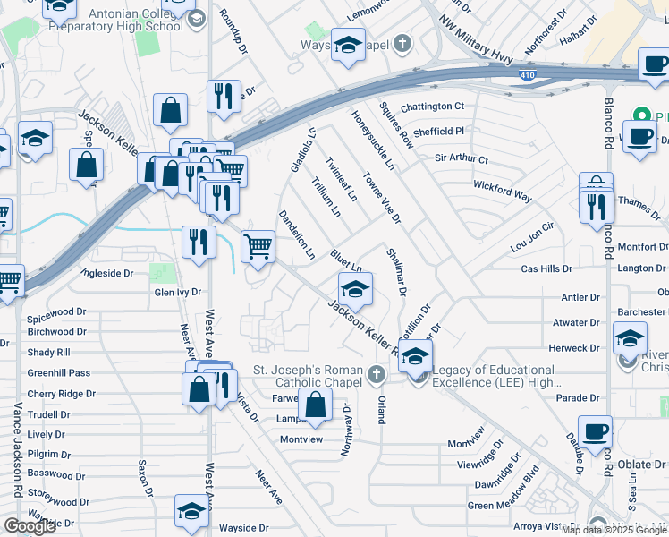map of restaurants, bars, coffee shops, grocery stores, and more near 202 Shalimar Drive in San Antonio