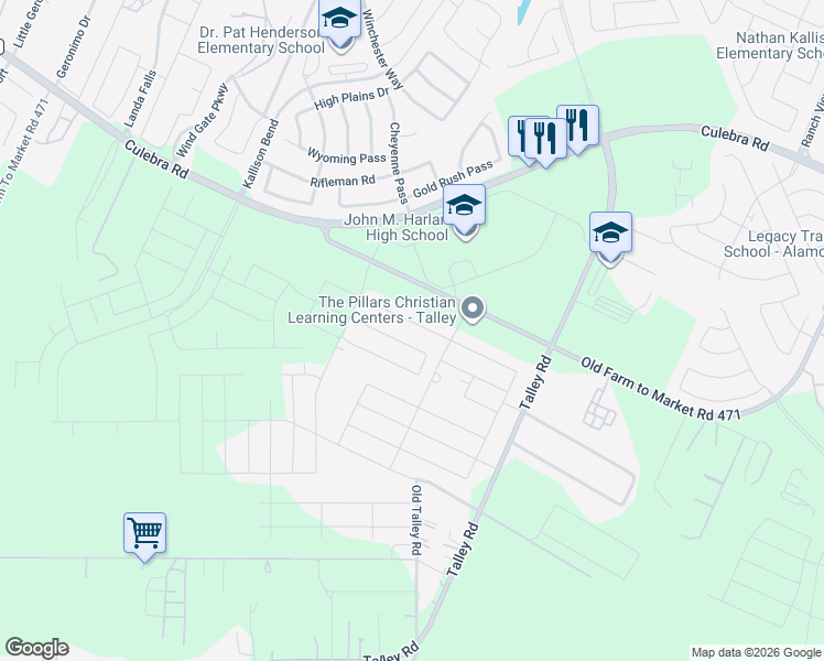 map of restaurants, bars, coffee shops, grocery stores, and more near 14520 Farm to Market Road 471 in San Antonio