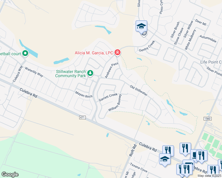 map of restaurants, bars, coffee shops, grocery stores, and more near 12411 Antelope Creek in San Antonio