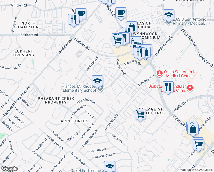 map of restaurants, bars, coffee shops, grocery stores, and more near 5735 North Knoll in San Antonio