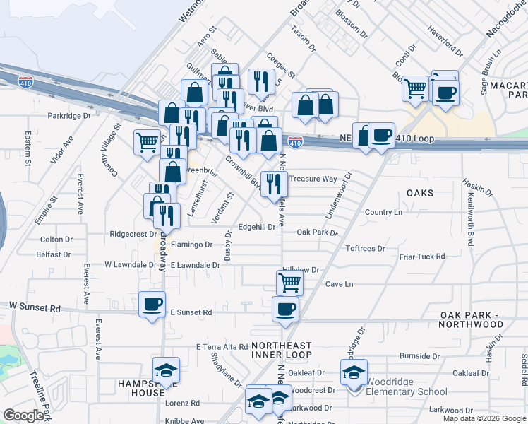 map of restaurants, bars, coffee shops, grocery stores, and more near 8216 Greenbrier Dr in San Antonio