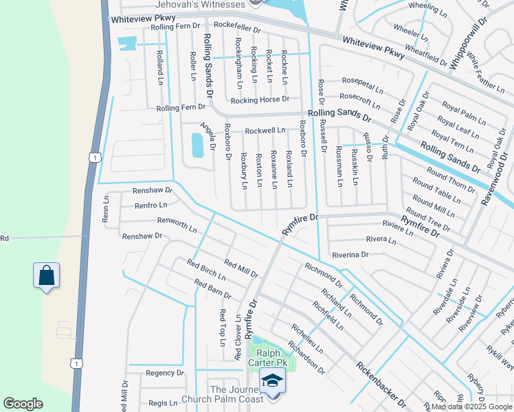 map of restaurants, bars, coffee shops, grocery stores, and more near 36 Roxton Lane in Palm Coast