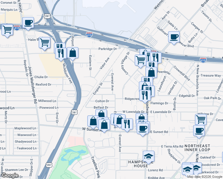 map of restaurants, bars, coffee shops, grocery stores, and more near 130 Jade Drive in San Antonio