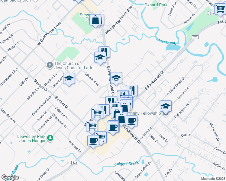 map of restaurants, bars, coffee shops, grocery stores, and more near South Friendswood Drive in Friendswood