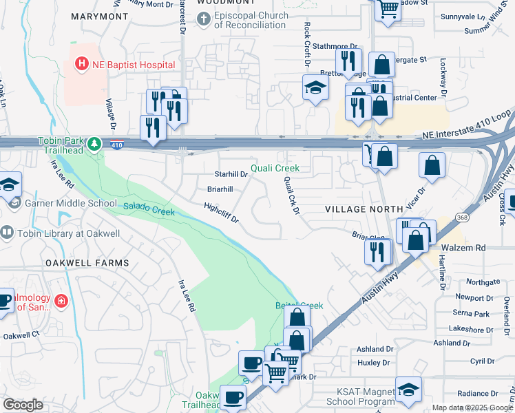 map of restaurants, bars, coffee shops, grocery stores, and more near 8258 Campobello Drive in San Antonio
