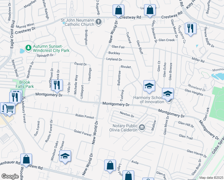 map of restaurants, bars, coffee shops, grocery stores, and more near 8250 Montgomery Oak in San Antonio