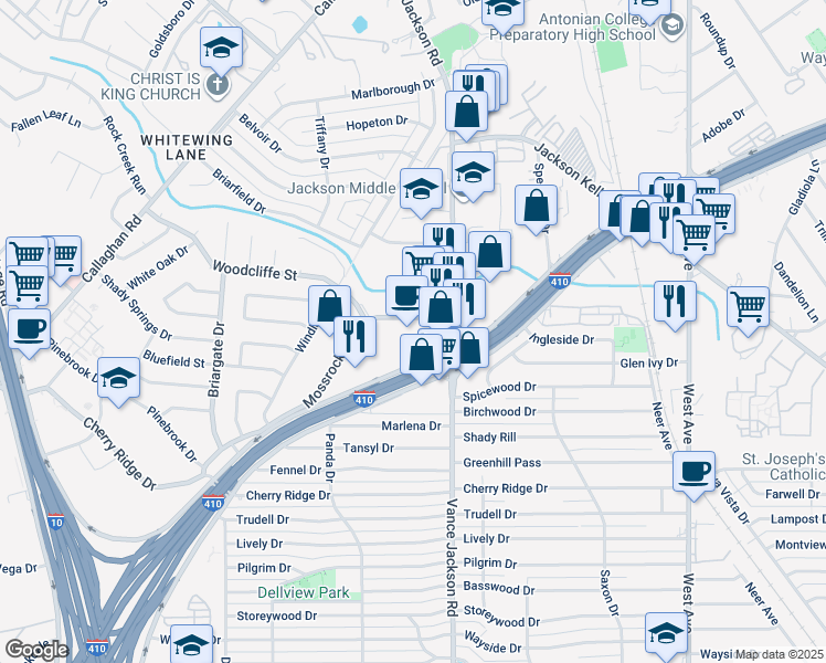 map of restaurants, bars, coffee shops, grocery stores, and more near 2639 Northwest Loop 410 in San Antonio