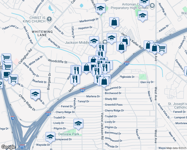 map of restaurants, bars, coffee shops, grocery stores, and more near 2639 Northwest Loop 410 in San Antonio