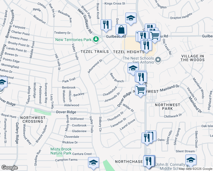 map of restaurants, bars, coffee shops, grocery stores, and more near 9215 Linbrooke in San Antonio