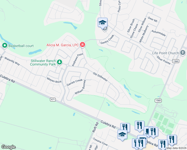 map of restaurants, bars, coffee shops, grocery stores, and more near 12206 Old Stillwater in San Antonio