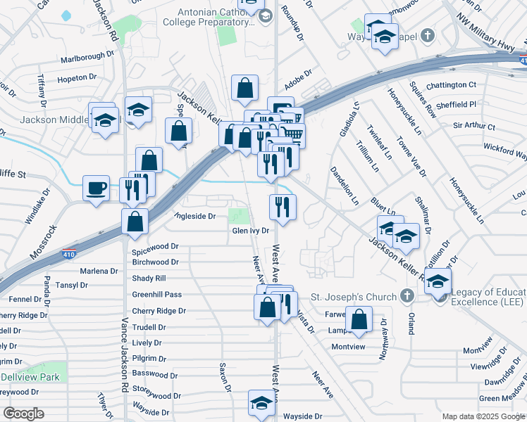 map of restaurants, bars, coffee shops, grocery stores, and more near 5005 West Avenue in San Antonio