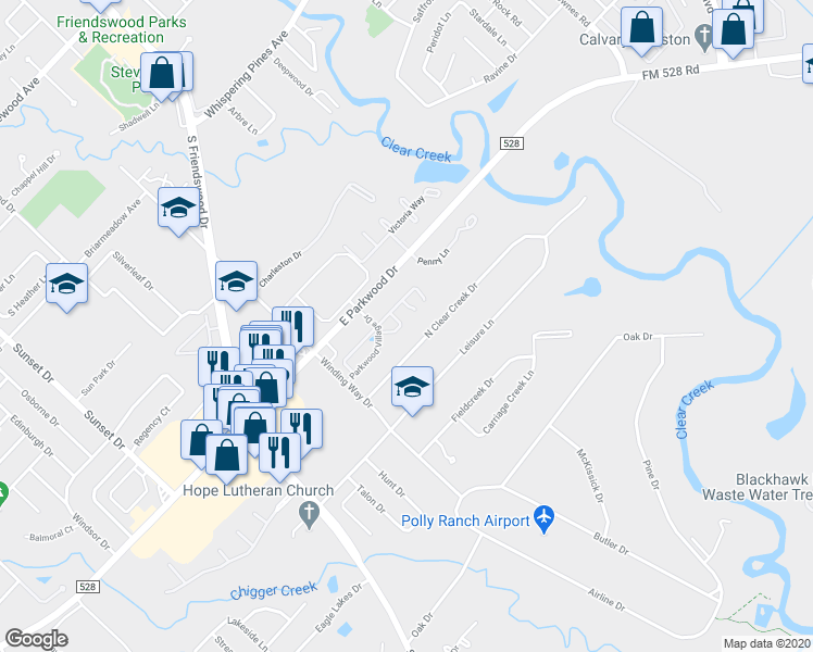 map of restaurants, bars, coffee shops, grocery stores, and more near 413 Forest Pines Court in Friendswood