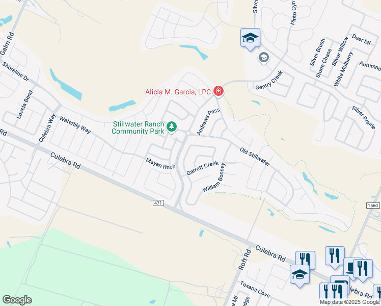 map of restaurants, bars, coffee shops, grocery stores, and more near 7826 Kings Spring in San Antonio