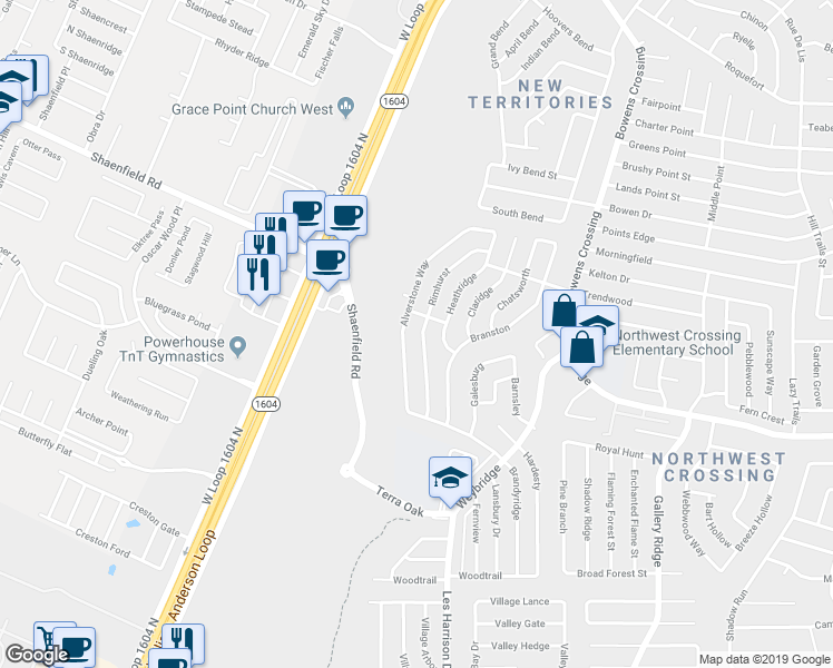 map of restaurants, bars, coffee shops, grocery stores, and more near 7535 Rimhurst in San Antonio