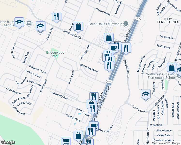 map of restaurants, bars, coffee shops, grocery stores, and more near 10527 Elderpond in San Antonio