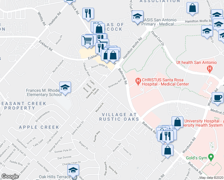 map of restaurants, bars, coffee shops, grocery stores, and more near 7914 Roanoke Run in San Antonio