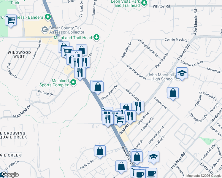 map of restaurants, bars, coffee shops, grocery stores, and more near 22 Coastal in San Antonio