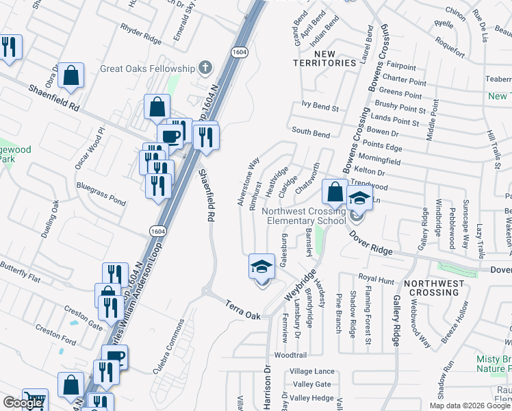 map of restaurants, bars, coffee shops, grocery stores, and more near 7535 Rimhurst in San Antonio