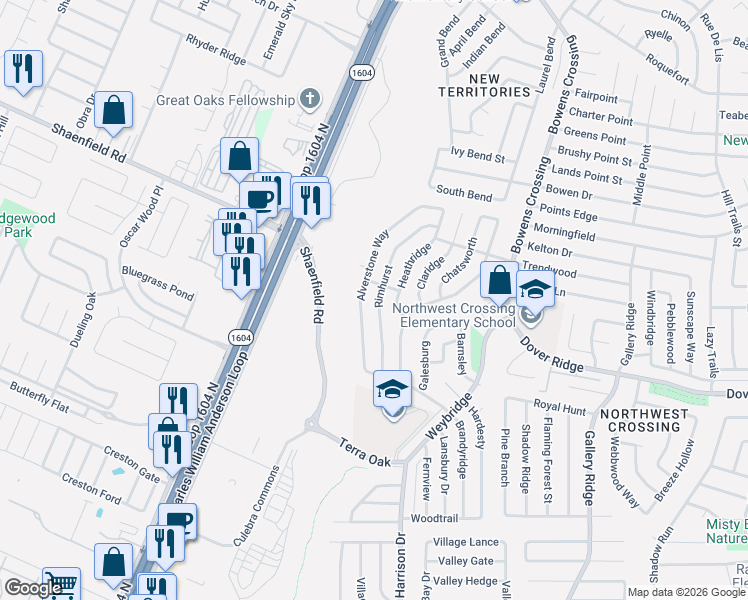 map of restaurants, bars, coffee shops, grocery stores, and more near 7535 Rimhurst in San Antonio