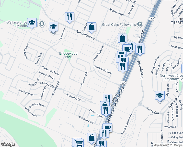map of restaurants, bars, coffee shops, grocery stores, and more near 7810 2 Rock Oak in San Antonio