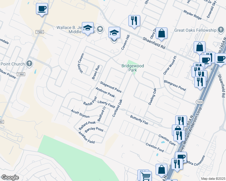 map of restaurants, bars, coffee shops, grocery stores, and more near 11018 Stagwood Pass in San Antonio
