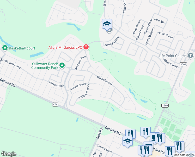 map of restaurants, bars, coffee shops, grocery stores, and more near 12206 Old Stillwater in San Antonio