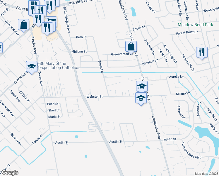 map of restaurants, bars, coffee shops, grocery stores, and more near 107 Smith Lane in League City