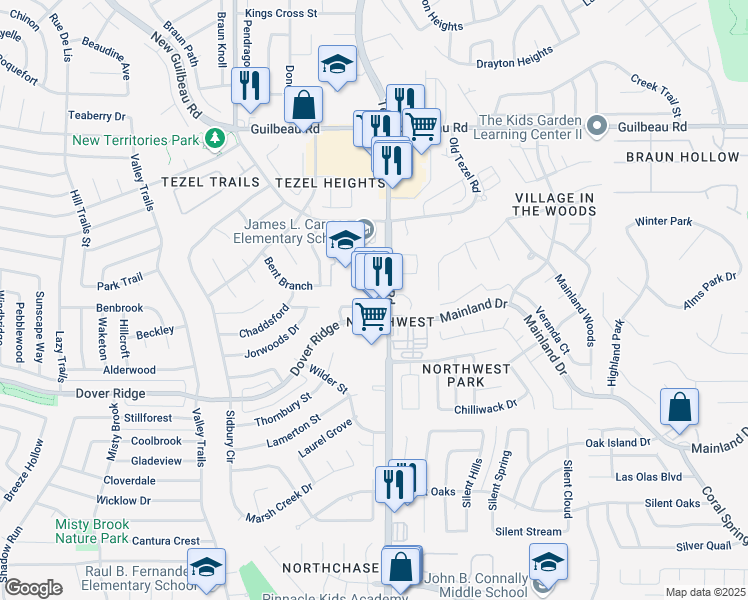 map of restaurants, bars, coffee shops, grocery stores, and more near 7717 Tezel Road in San Antonio