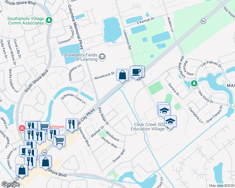 map of restaurants, bars, coffee shops, grocery stores, and more near 3216 Wavecrest Street in League City
