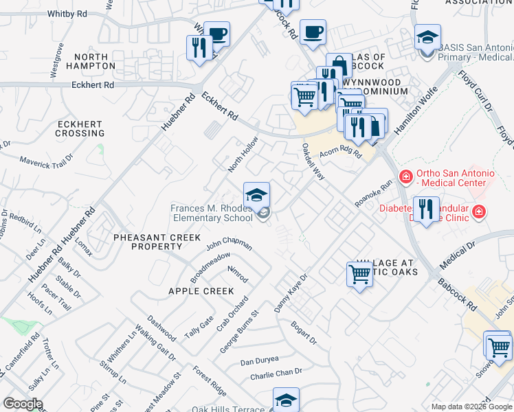 map of restaurants, bars, coffee shops, grocery stores, and more near North Knoll in San Antonio