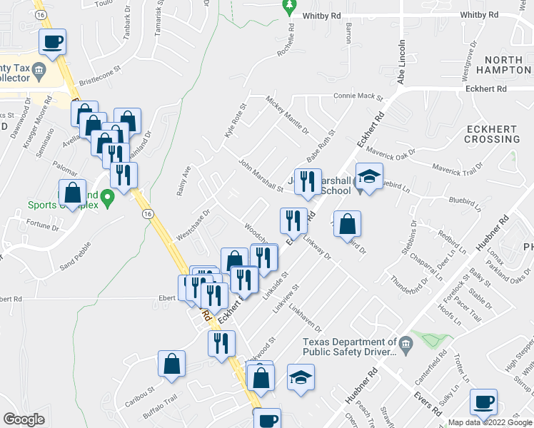 map of restaurants, bars, coffee shops, grocery stores, and more near 7818 Kingsbury Way in San Antonio