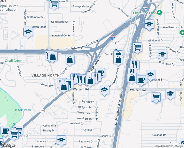 map of restaurants, bars, coffee shops, grocery stores, and more near 4511 Cross Creek in San Antonio
