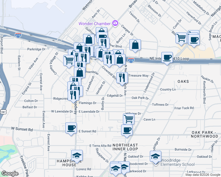 map of restaurants, bars, coffee shops, grocery stores, and more near 8235 Greenbrier Drive in San Antonio