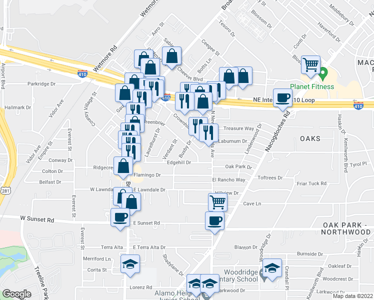 map of restaurants, bars, coffee shops, grocery stores, and more near 322 Busby Drive in San Antonio