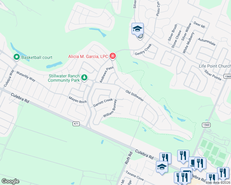 map of restaurants, bars, coffee shops, grocery stores, and more near 7815 William Bonney in San Antonio