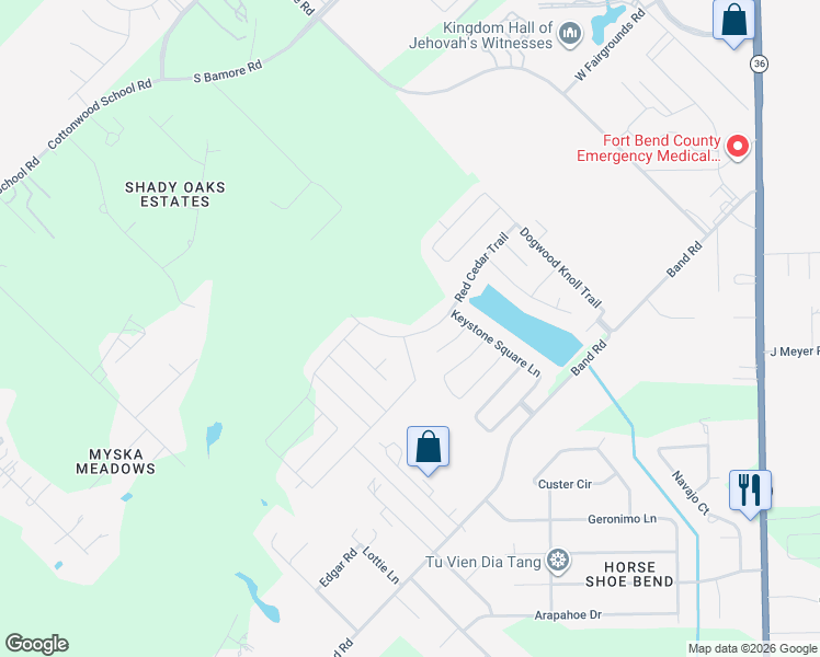 map of restaurants, bars, coffee shops, grocery stores, and more near 2102 Red Cedar Trail in Rosenberg