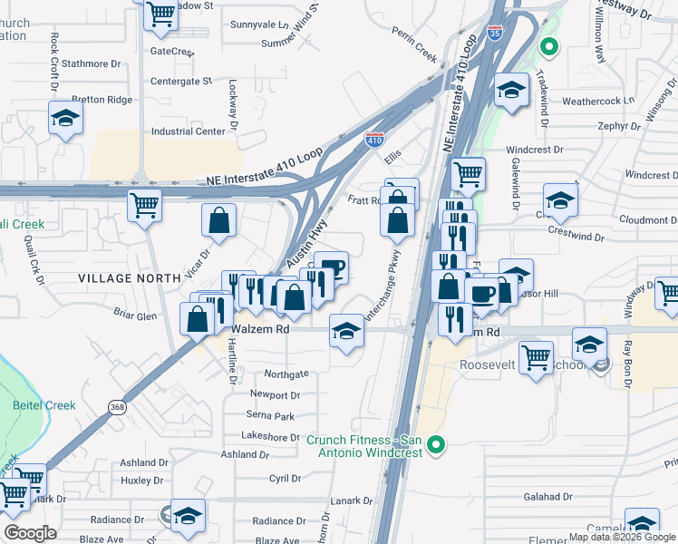 map of restaurants, bars, coffee shops, grocery stores, and more near 8150 Crosscreek in San Antonio