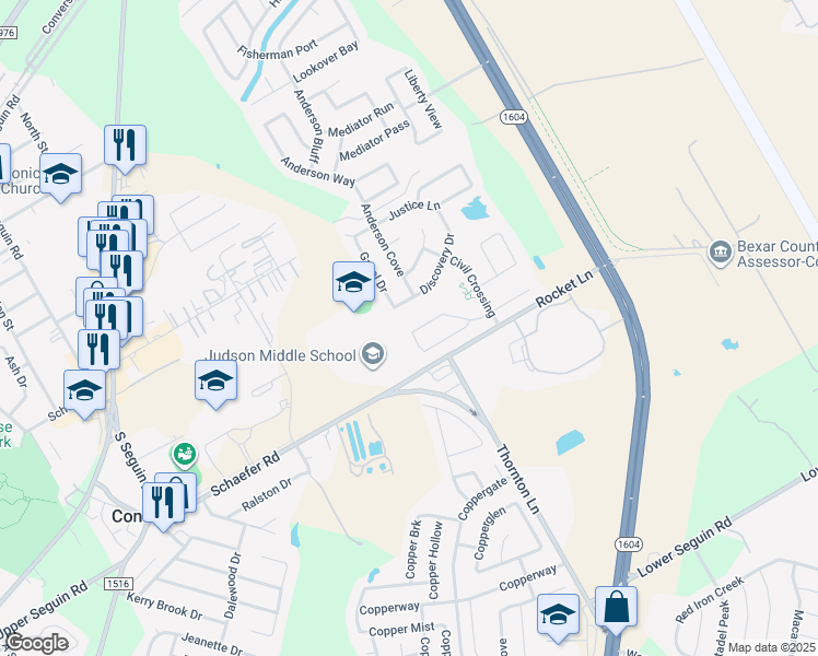 map of restaurants, bars, coffee shops, grocery stores, and more near 9607 Common Law in Converse