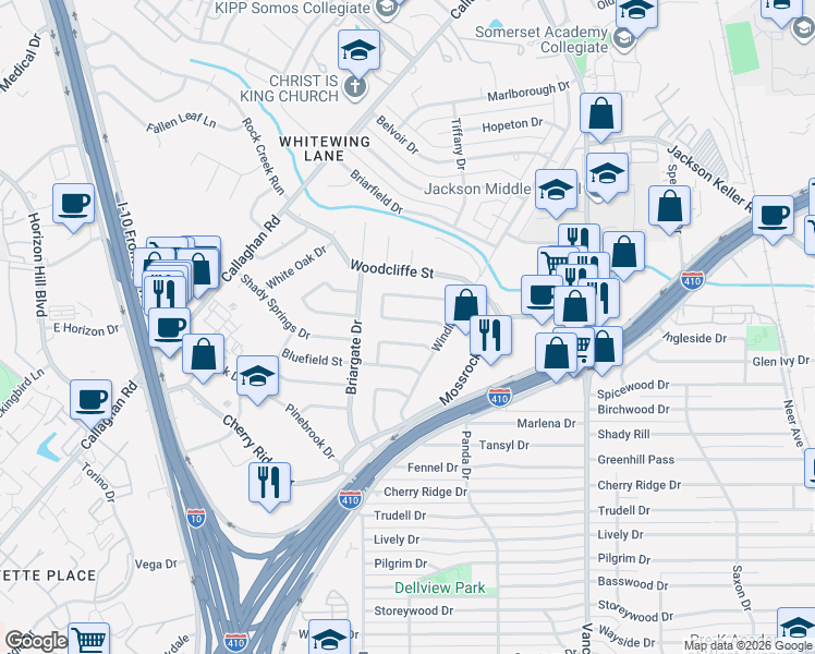 map of restaurants, bars, coffee shops, grocery stores, and more near 3007 Shady Springs Drive in San Antonio