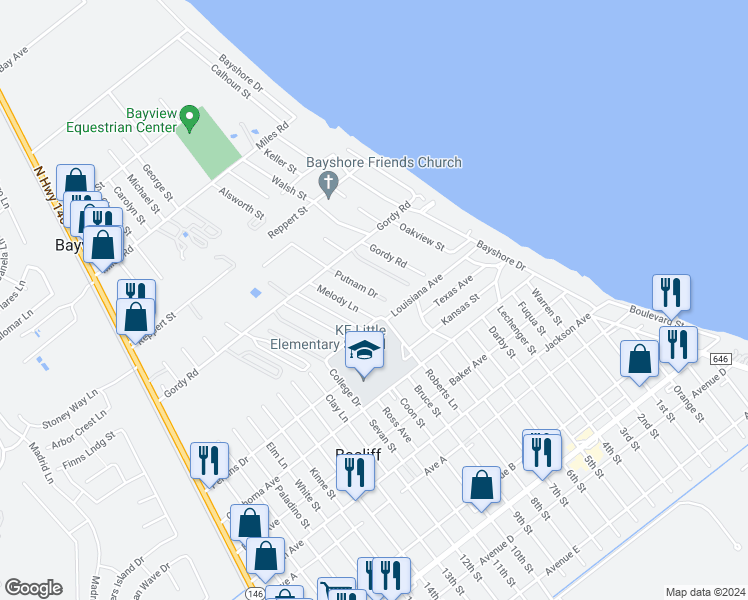 map of restaurants, bars, coffee shops, grocery stores, and more near 3818 Putnam Drive in Bacliff