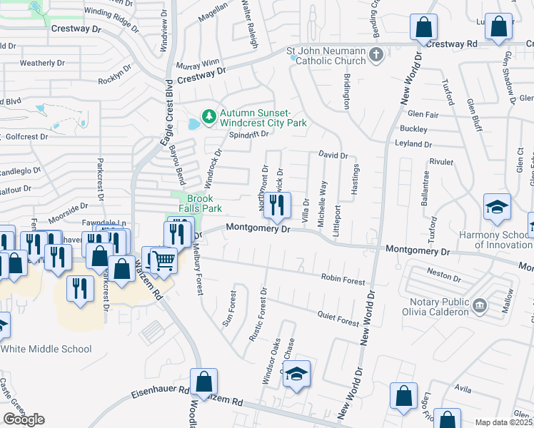 map of restaurants, bars, coffee shops, grocery stores, and more near 8405 Northmont Drive in San Antonio