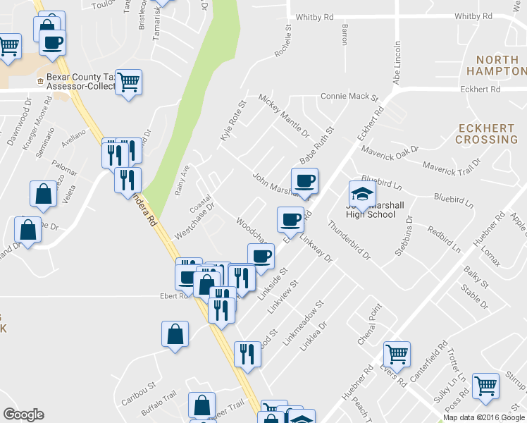 map of restaurants, bars, coffee shops, grocery stores, and more near 7822 Kingsbury Way in San Antonio