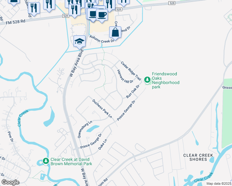 map of restaurants, bars, coffee shops, grocery stores, and more near 2907 Park Bend Drive in Friendswood