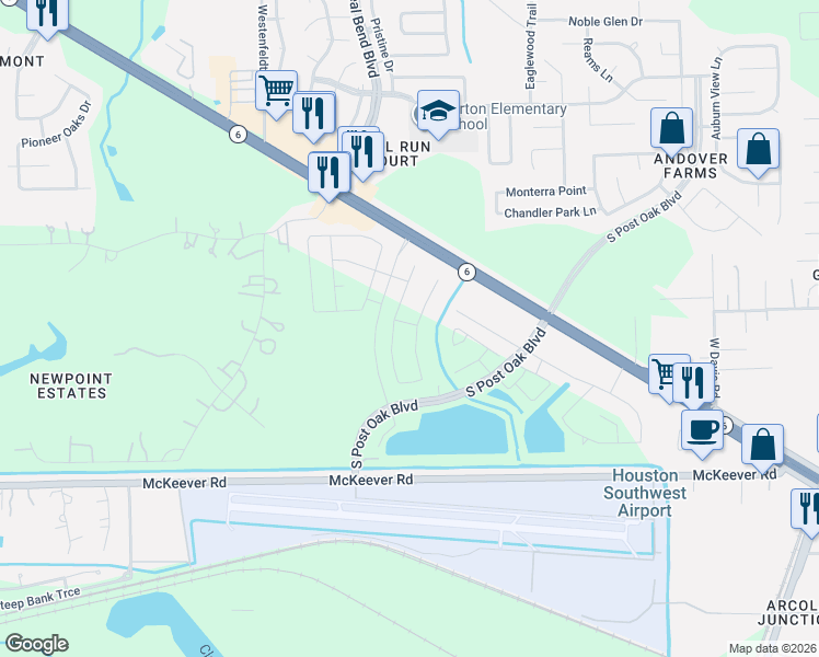 map of restaurants, bars, coffee shops, grocery stores, and more near South Post Oak Boulevard in Fresno