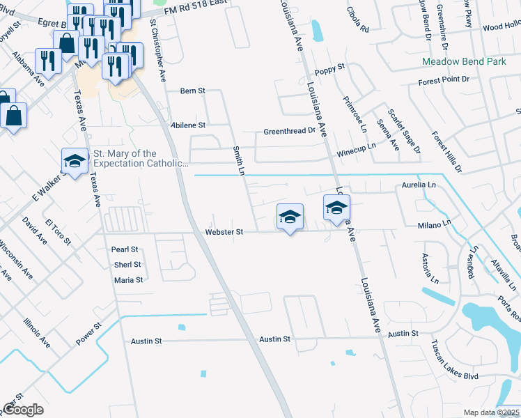 map of restaurants, bars, coffee shops, grocery stores, and more near 107 Smith Lane in League City