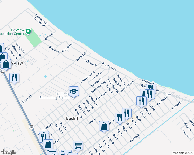 map of restaurants, bars, coffee shops, grocery stores, and more near 303 Texas Avenue in Bacliff