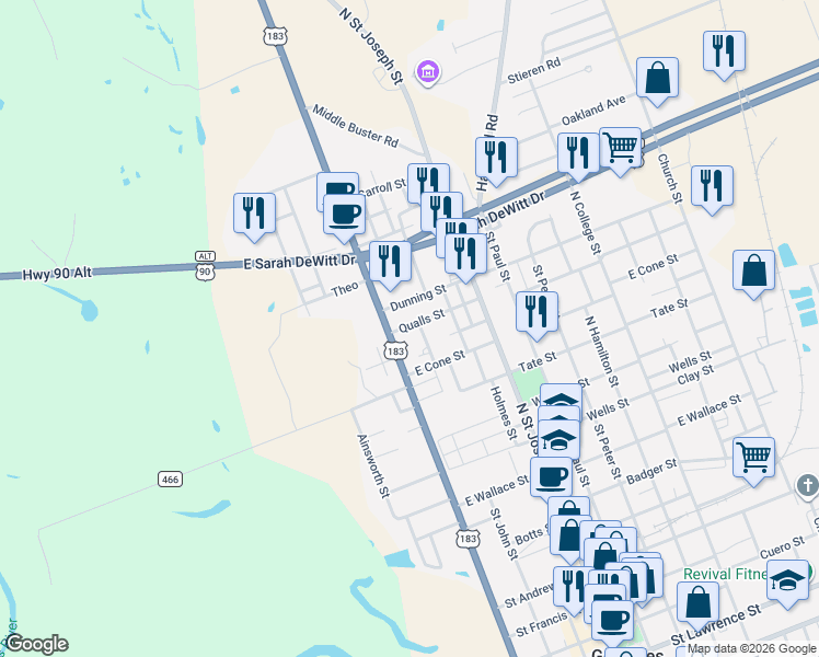 map of restaurants, bars, coffee shops, grocery stores, and more near 114 Qualls Street in Gonzales