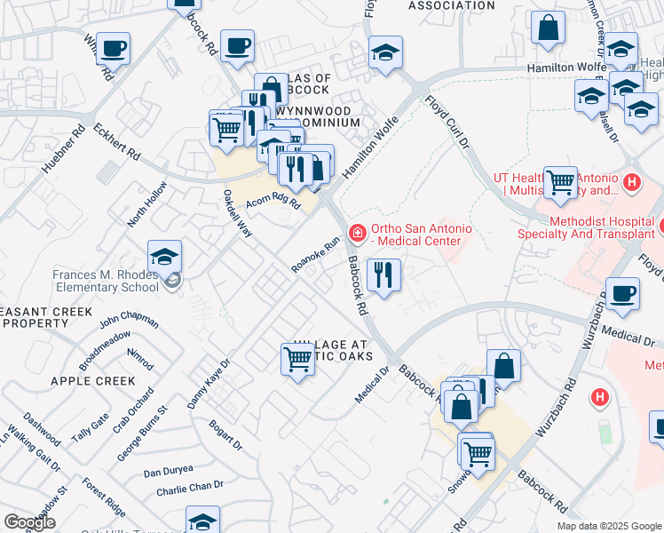 map of restaurants, bars, coffee shops, grocery stores, and more near 7930 Roanoke Run in San Antonio
