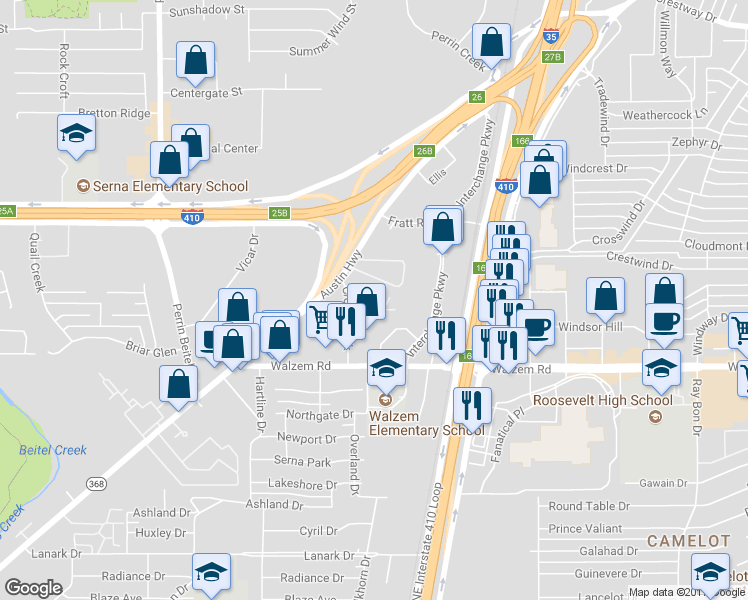 map of restaurants, bars, coffee shops, grocery stores, and more near 8150 Cross Creek in San Antonio