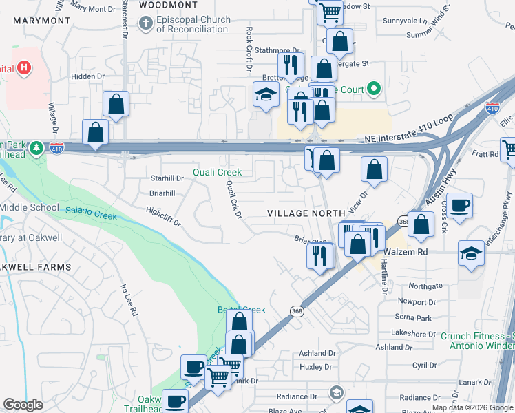map of restaurants, bars, coffee shops, grocery stores, and more near 4107 Lost Trail in San Antonio
